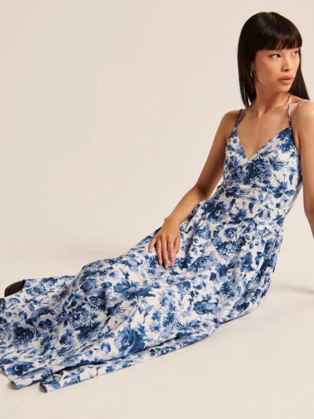 NWOT Abercrombie & Fitch Strappy Plunge Corset Maxi Dress Blue Floral S Petite